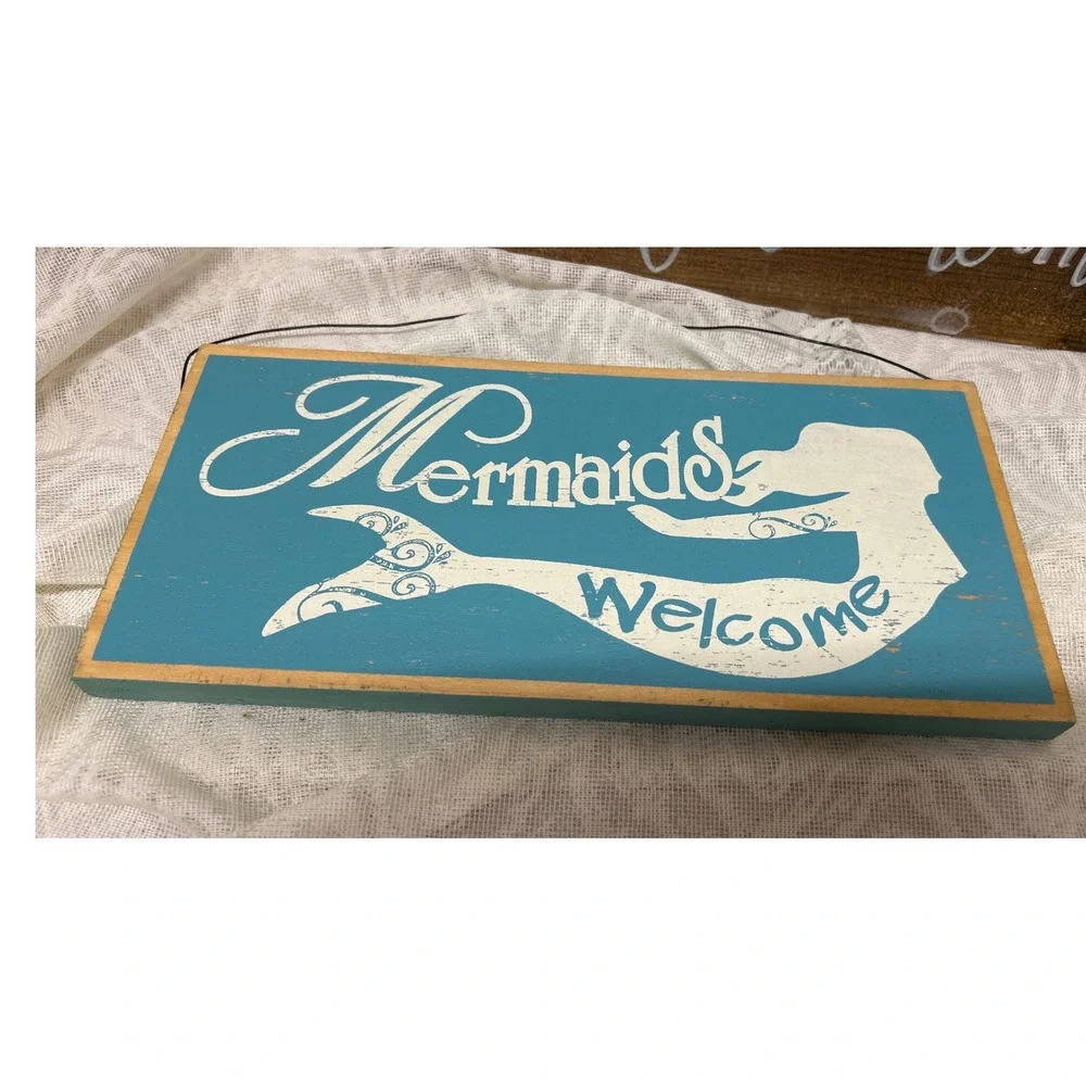Hand Painted Wood Mermaid Wall Art Signs Set 2 Make Waves Mermaids Welcome Teal